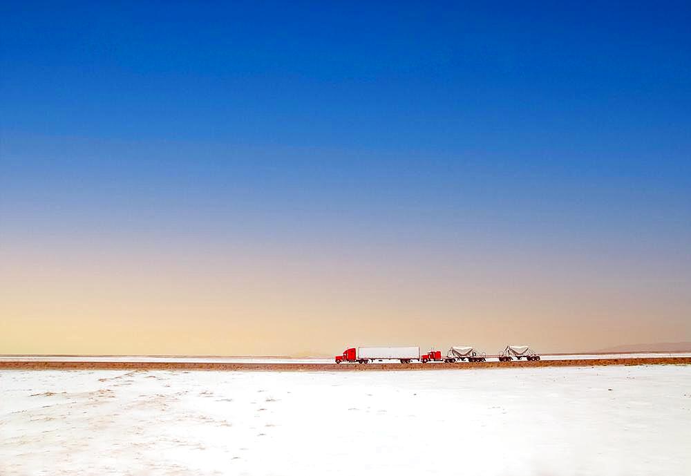 On Interstate 80 from Salt Lake City to the West, Desert, Salt Lake, Great lake, Truck, Road, Transport, Logistics, Sand, Sky, Utah, USA, North America