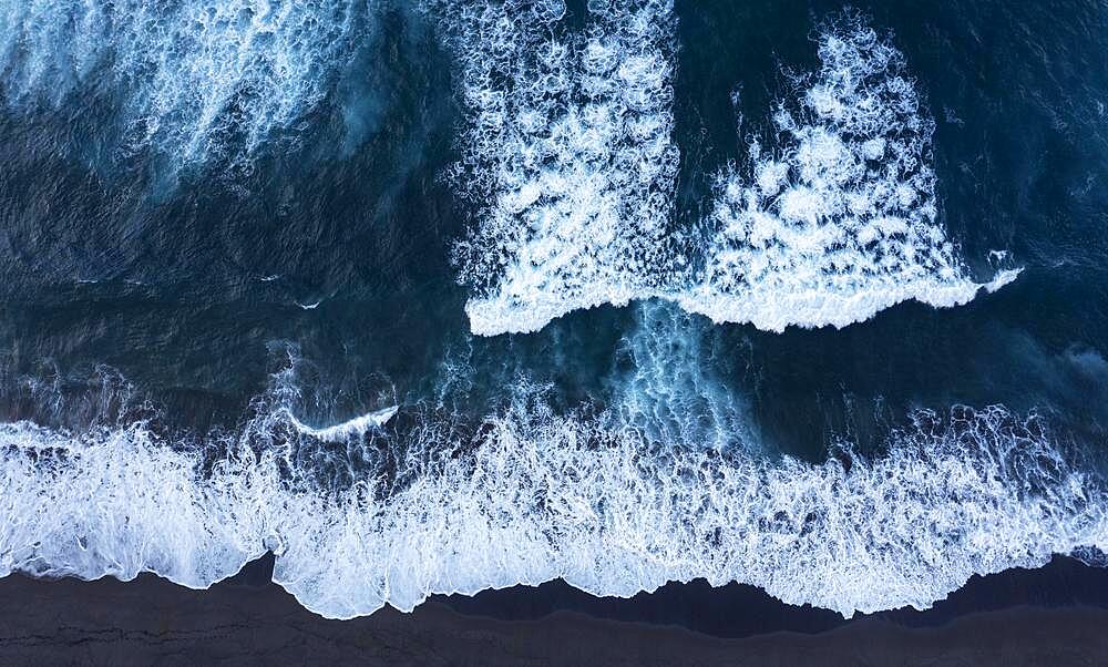 Drone shot, surf on the beach of Praia de Santa Barbara, Ribeira Grande, Sao Miguel Island, Azores, Portugal, Europe