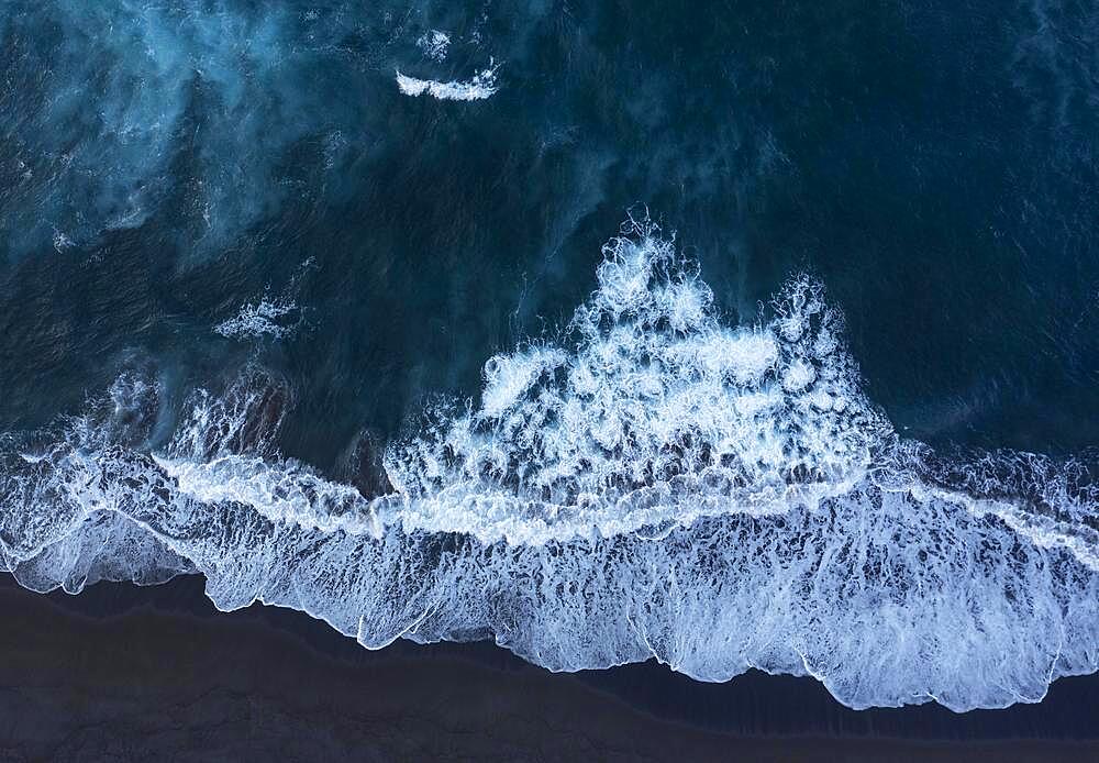 Drone shot, surf on the beach of Praia de Santa Barbara, Ribeira Grande, Sao Miguel Island, Azores, Portugal, Europe