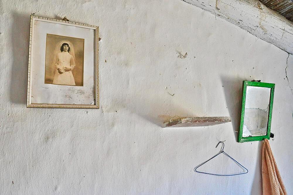 Wedding picture and mirror, coat hanger, in old house, Andalusia, Spain, Europe