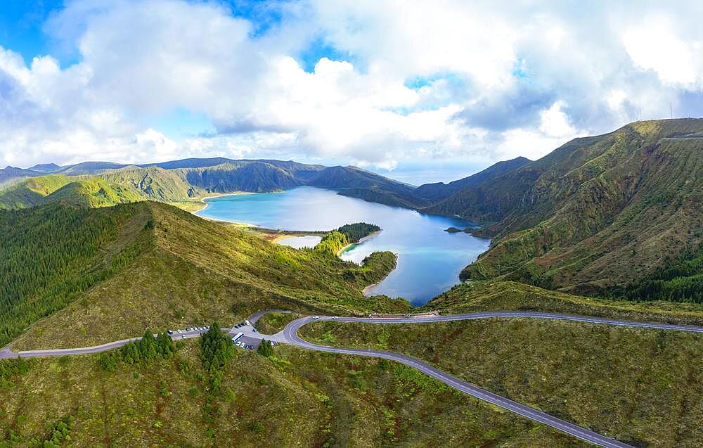 Drone shot, view from the Miradouro do Pico da Barrosa lookout to the crater lake Lagoa do Fogo, Sao Miguel Island, Azores, Portugal, Europe