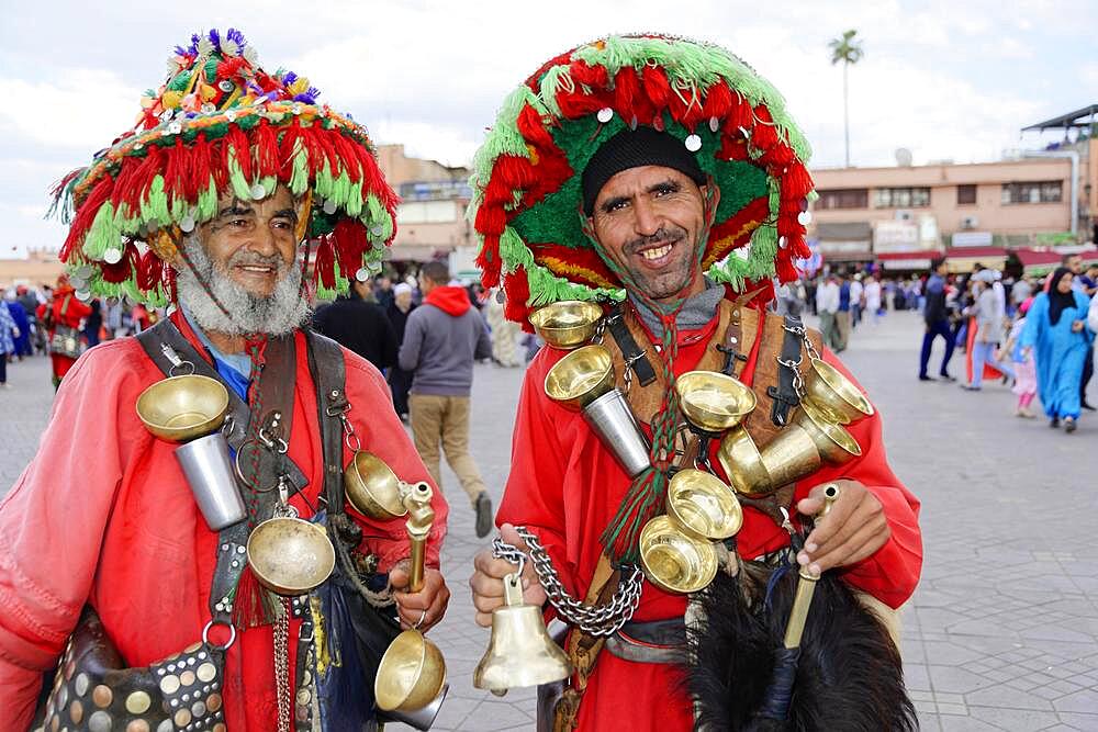 Water vendors, Djemaa el Fna, Square of the Hanged Men, Jugglers' Square, UNESCO World Heritage Site, Marrakech, Morocco, Africa