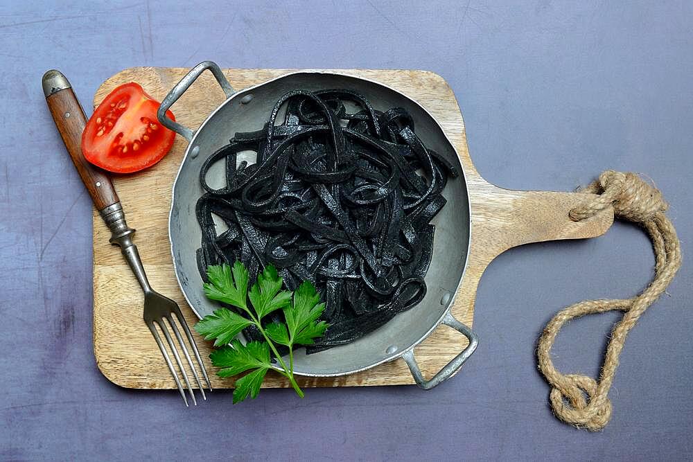 Black pasta with squid ink, Tagliolini al Nero di Seppia, Italy, Europe