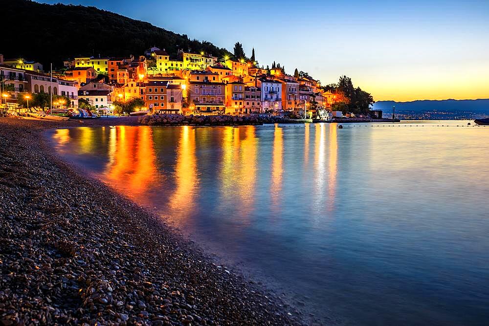 Old town on the Adriatic coast at night, Moscenicka Draga, Primorje-Gorski kotar County, Kvarner Gulf Bay, Istria, Croatia, Europe