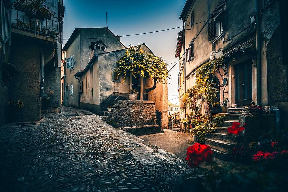 The old town of Moscenice, a mountain village with old houses narrow streets and many steps and attention to detail, Istria, Kvarner Gulf Bay, Croatian Adriatic, Croatia, Europe