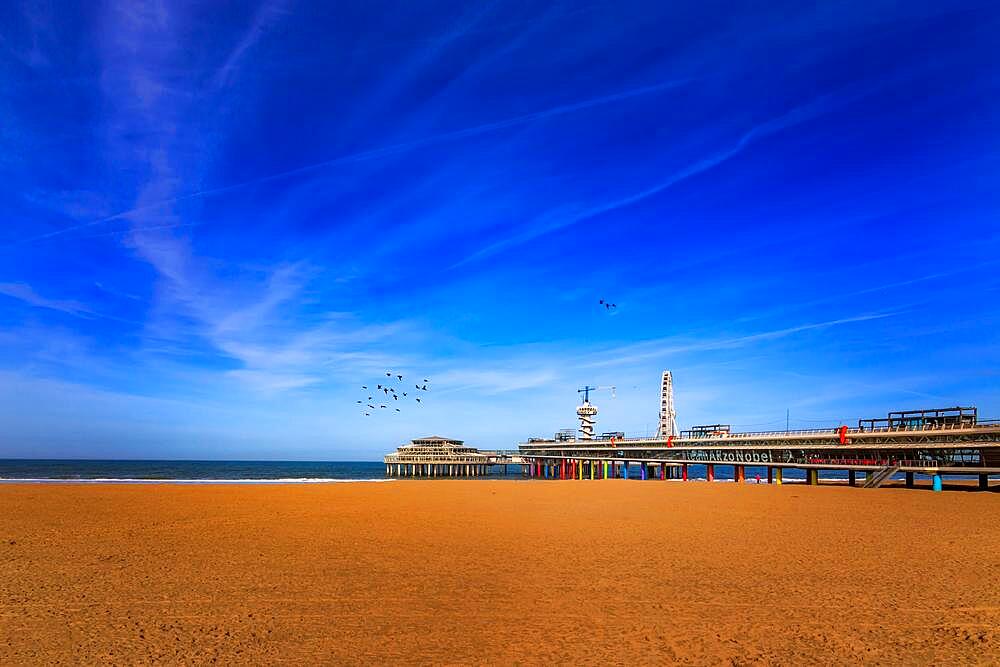 Scheveningen Pier on the beach of Scheveningen, a modern seaside resort grown together with The Hague on the Dutch North Sea coast, province of South-Holland, Zuid-Holland, Netherlands