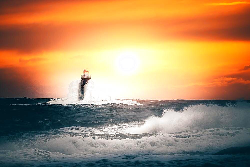 Lighthouse in the sea, storm tempest and high waves, Tjurpannans Nature Preserve, Grebbestad, Sweden, Scandinavia, Europe