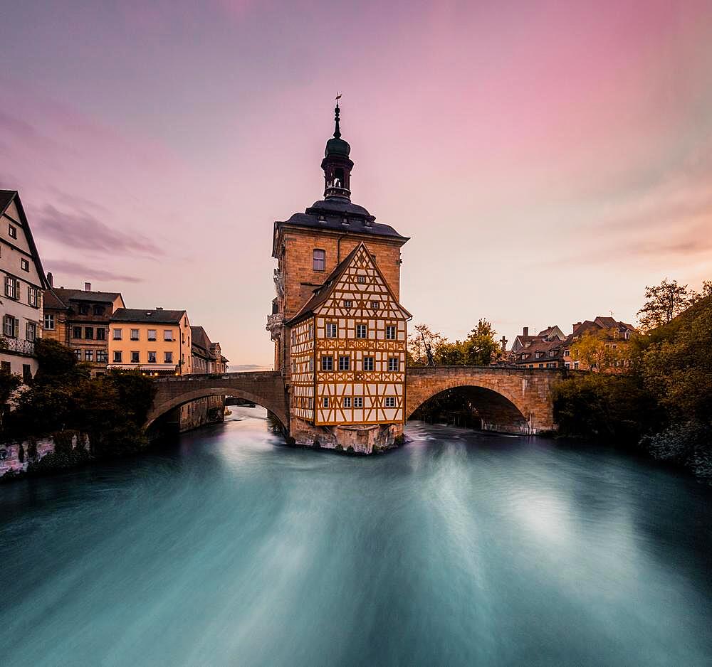 Old town hall, built into the Regnitz River in 1461, Bamberg, Upper Franconia, Bavaria, Germany, Europe