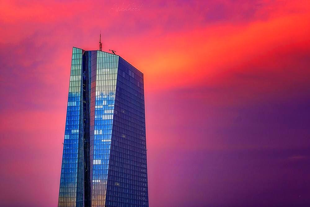 Top of the ECB Towers and red evening sky, Frankfurt, Hesse, Germany, Europe