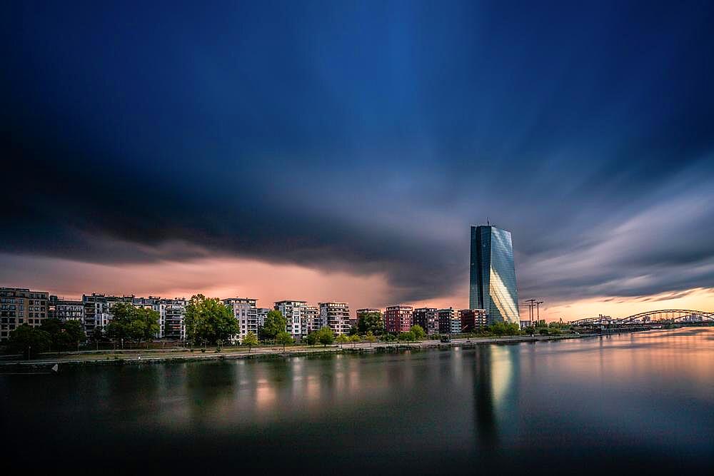 European Central Bank, ECB, after sunset, Frankfurt am Main, Hesse, Germany, Europe