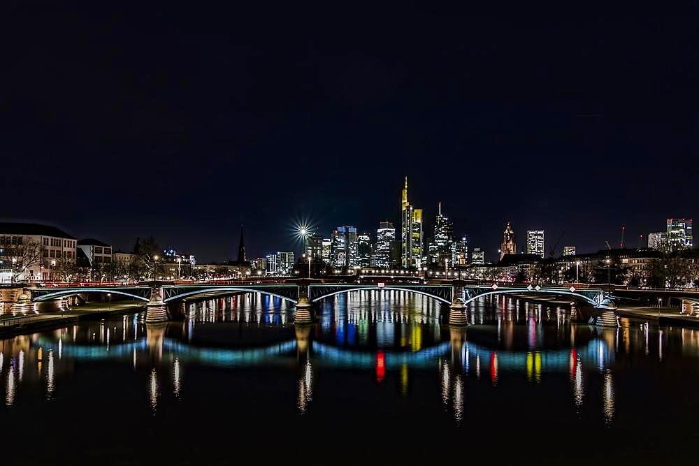 View of Frankfurt and the illuminated skyline of Frankfurt, Commerzbank, Hessische Landesbank, Deutsche Bank, European Central Bank, Skyper, Sparkasse, DZ Bank, long exposure, night shot in Petrol style, Frankfurt, Hesse, Germany, Europe