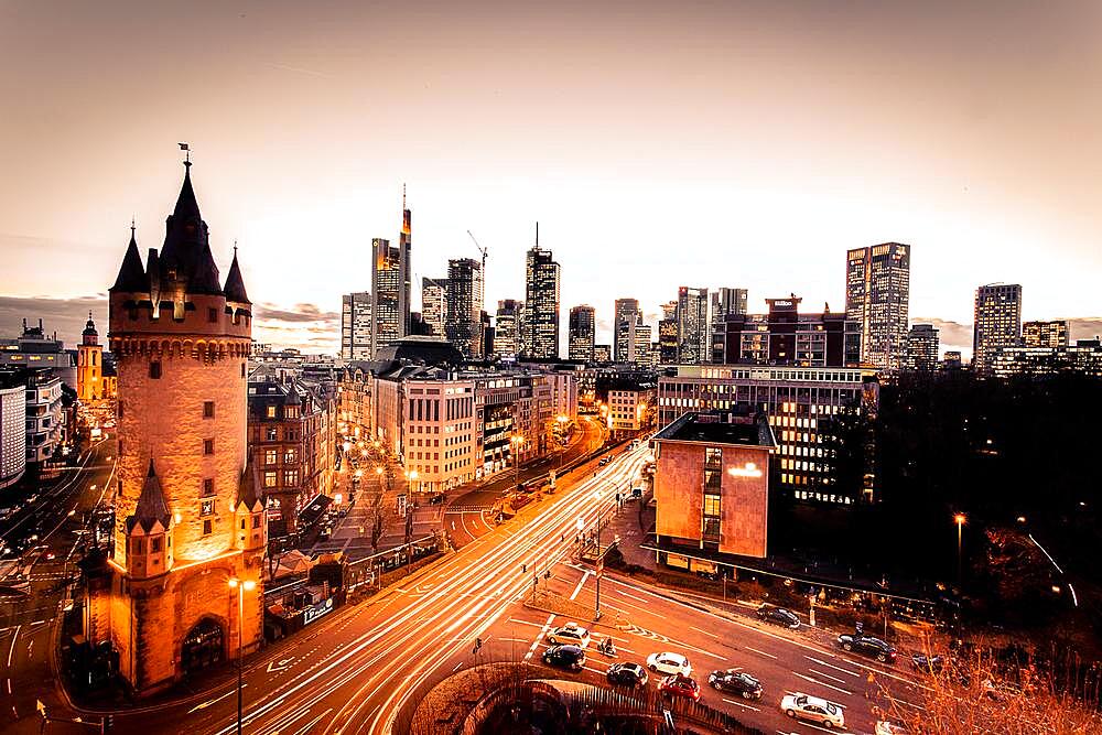 View over the illuminated Frankfurt at night, living working in a quatier, skyscrapers and streets taken from the Maintower, Hesse, Germany, Europe