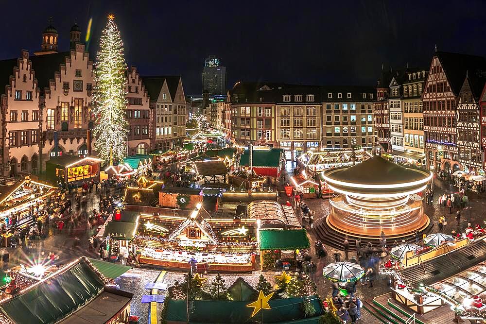 Frankfurt Christmas market, with large Christmas tree on the Roemer, with its historic town hall, taken from above, blue hour, Frankfurt am Main, Hesse, Germany, Europe