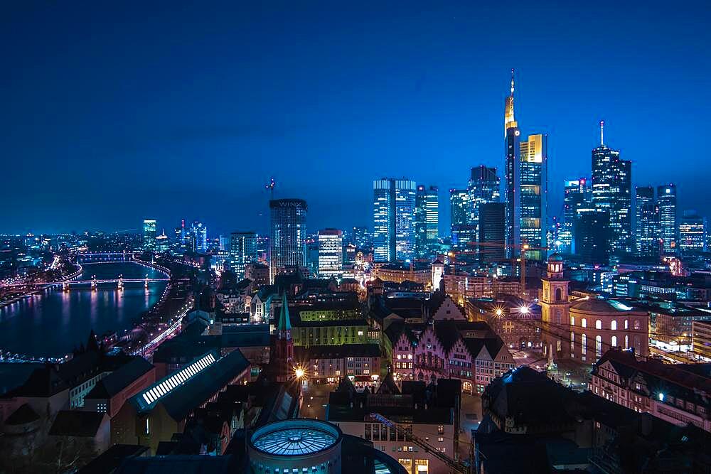 Skyline at night, Taunus Tower, Tower 185, Commerzbank, Messeturm, ECB European Central Bank, HelaBa, Hessische Landesbank, Deutsche Bank, from Frankfurt Cathedral, Frankfurt am Main, Hesse, Germany, Europe