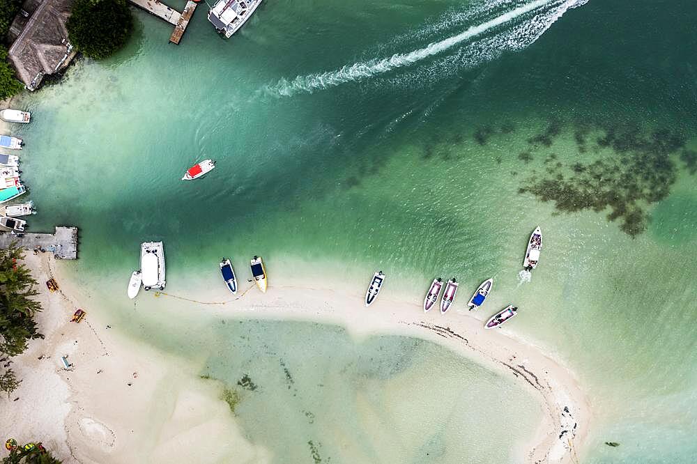 Aerial view, bay at Grand Port, il aux Cerfs with coves sandbanks, and water sports, Flacq, Mauritius, Africa