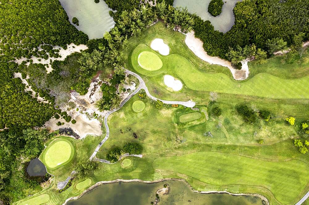 Aerial view, bay near Grand Port, il aux Cerfs with golf course, Flacq, Mauritius, Africa