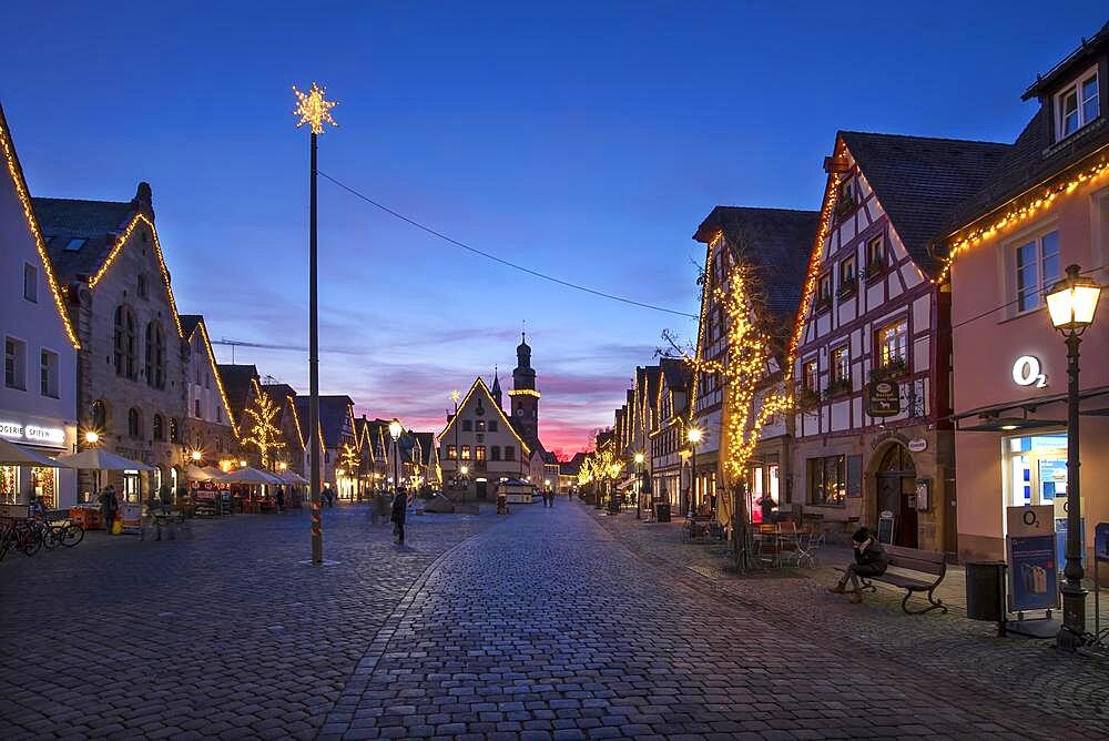 Christmas illuminated market place with old town hall and St. John's church in the evening, Lauf an der Pegnitz, Middle Franconia, Bavaria, Germany, Europe