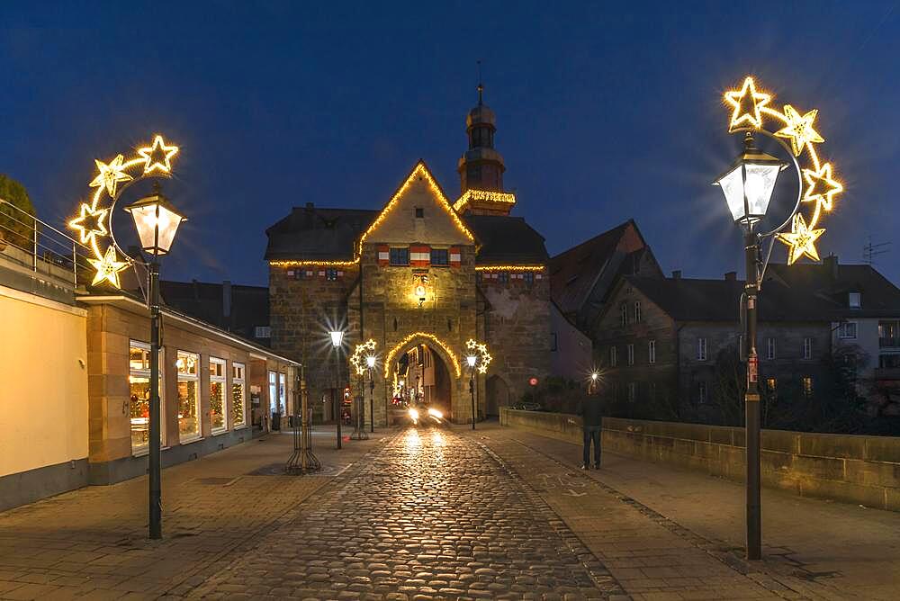 The historic Nuremberg Gate in Christmas lighting in the evening, Lauf an der Pegnitz, Middle Franconia, Bavaria, Germany, Europe