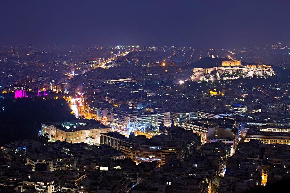 Panorama, night view, acropolis, Athens, Greece, Europe