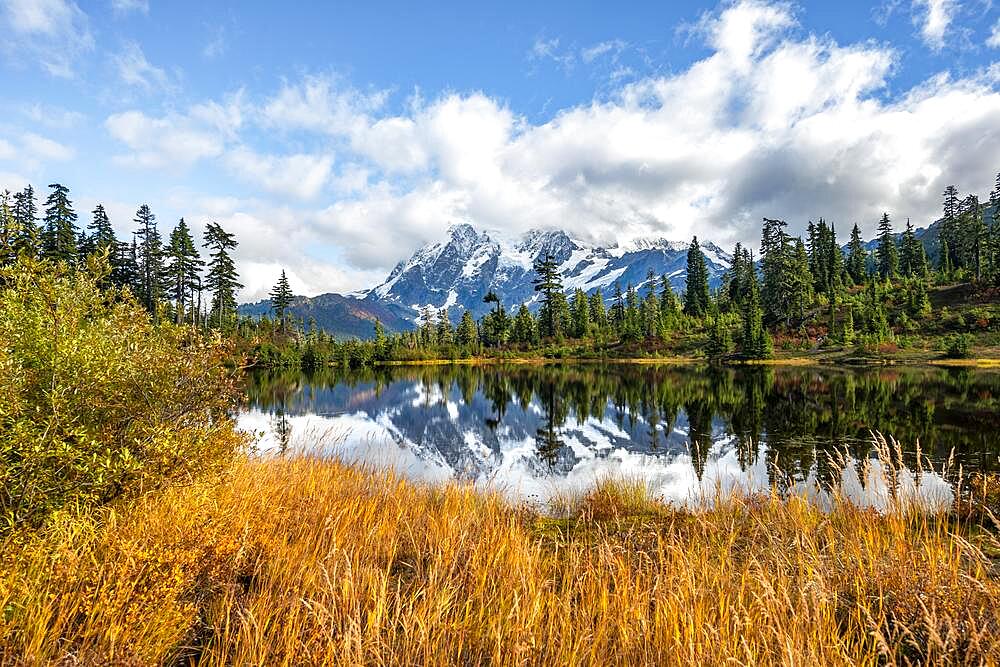 Mt. Shuksan glacier with snow reflecting in Picture Lake, forested mountain landscape in autumn, Mt. Baker-Snoqualmie National Forest, Washington, USA, North America