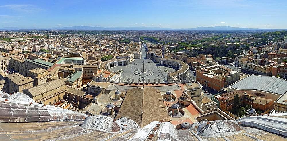 View from the dome of the Basilica of San Pietro or St Peter's Basilica onto St Peter's Square and Via della Conciliazione, Vatican City State, Vatican, Rome, Lazio, Italy, Europe