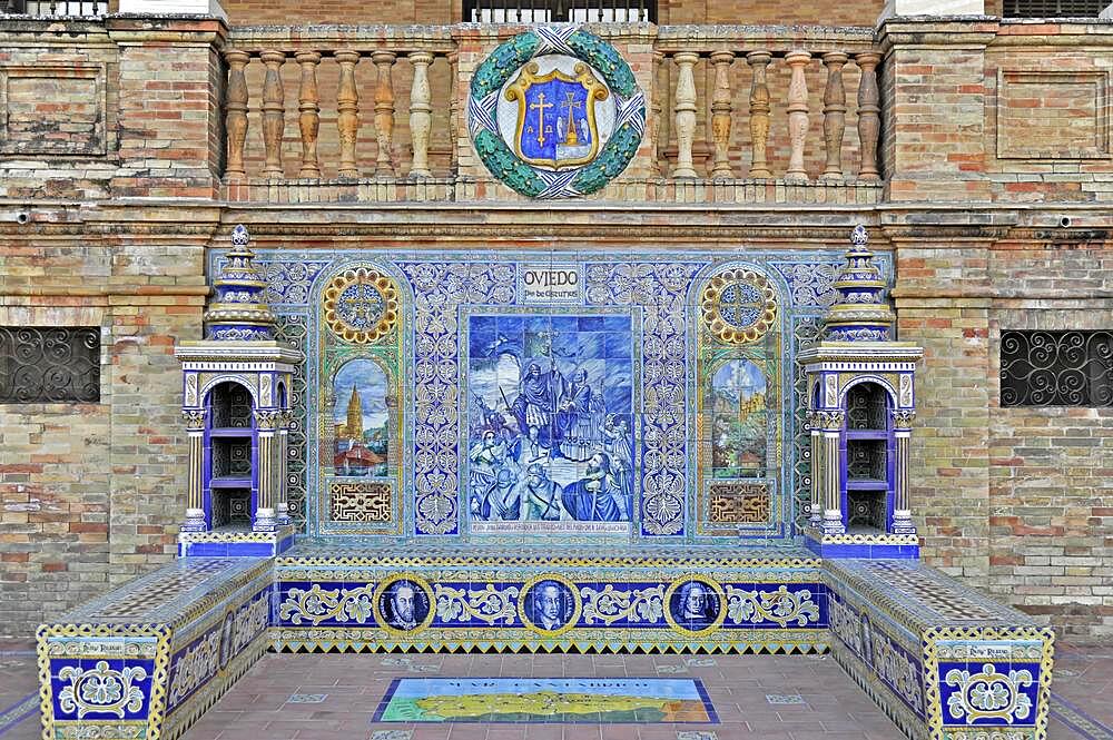 OVIEDO, Colourful tiles with motifs from the Spanish regions, Plaza de Espana, Seville, Andalusia, Spain, Europe