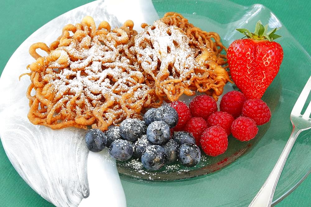 Swabian cuisine, Striebele with icing sugar and fresh berries, strawberry, blueberries, raspberries, fat baked, dessert, dessert, Germany, Europe