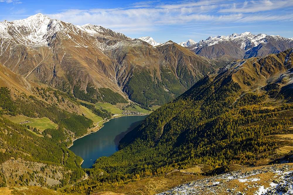 Vernagt reservoir in mountain landscape, Schnals Valley, Natruns, South Tyrol, Italy, Europe
