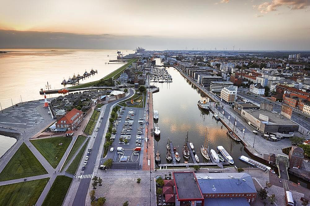 View from above of the Weser estuary and Havenwelten, after sunset, Bremerhaven, Bremen, Germany, Europe