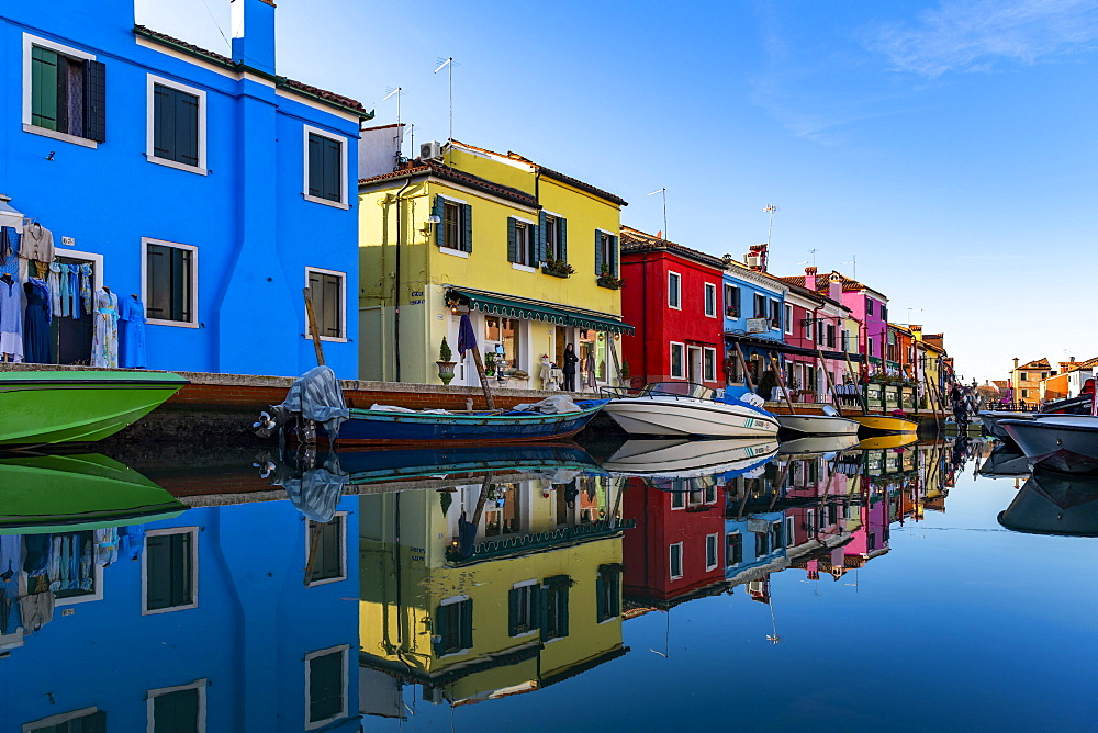 Colourful houses on the canal with boats, Burano, Venice, Veneto, Italy, Europe