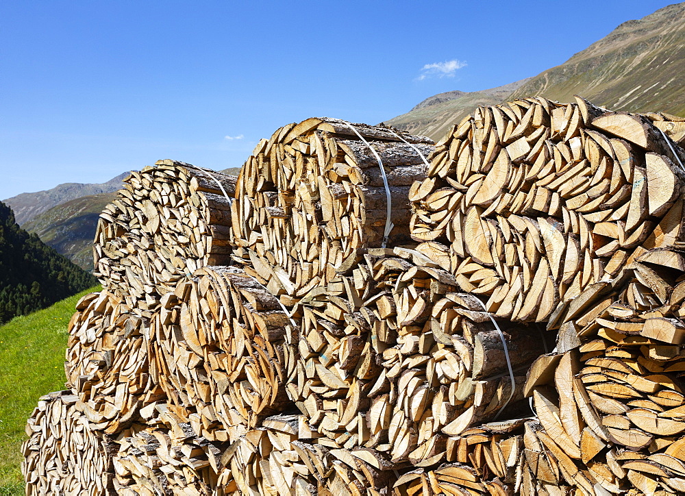 Piled up wood, Rofental, Vent, Venter Tal, municipality of Soelden, Oetztal Alps, Tyrol, Austria, Europe