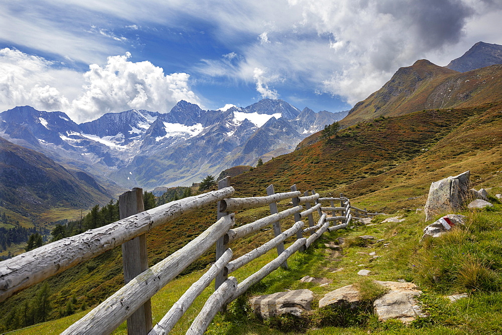 Hiking trail with pasture fence, Texel Group nature Park, Passeier Valley, Oetztal Alps, South Tyrol, Italy, Europe