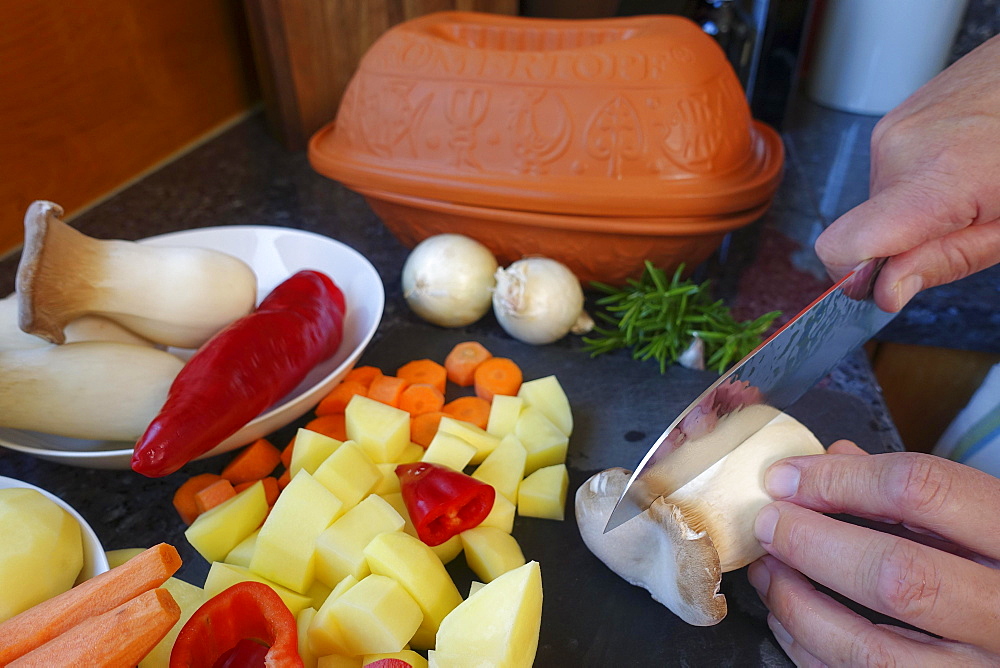 Southern German cuisine, preparing vegetables from the Roman pot, cutting mushrooms, herb mushrooms, red peppers, carrots, potato cubes, onions, knives, men's hands, rosemary, Germany, Europe