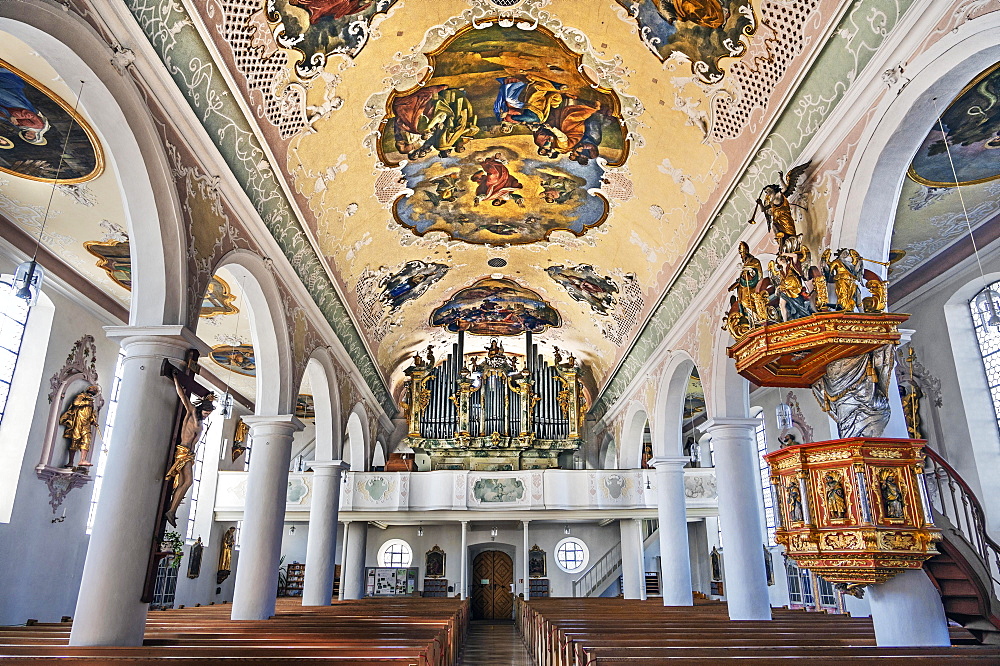 Organ loft, Church of St. Blasius and Alexander, Altusried, Allgaeu, Bavaria, Germany, Europe