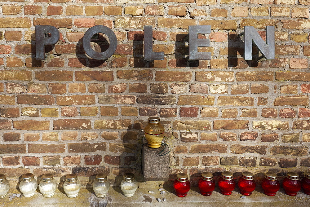 Wall with grave lights in memory of the Polish concentration camp victims, inscription Poland, Wall of Nations, Memorial, Ravensbrueck Women's Concentration Camp, Fuerstenberg-Havel, Brandenburg, Germany, Europe