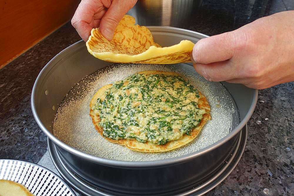 Swabian cuisine, pancakes, pancake layers with spinach mixture, springform pan, cake tin, preparing spinach cake spoon style, Swabian speciality, men's hands, Germany, Europe