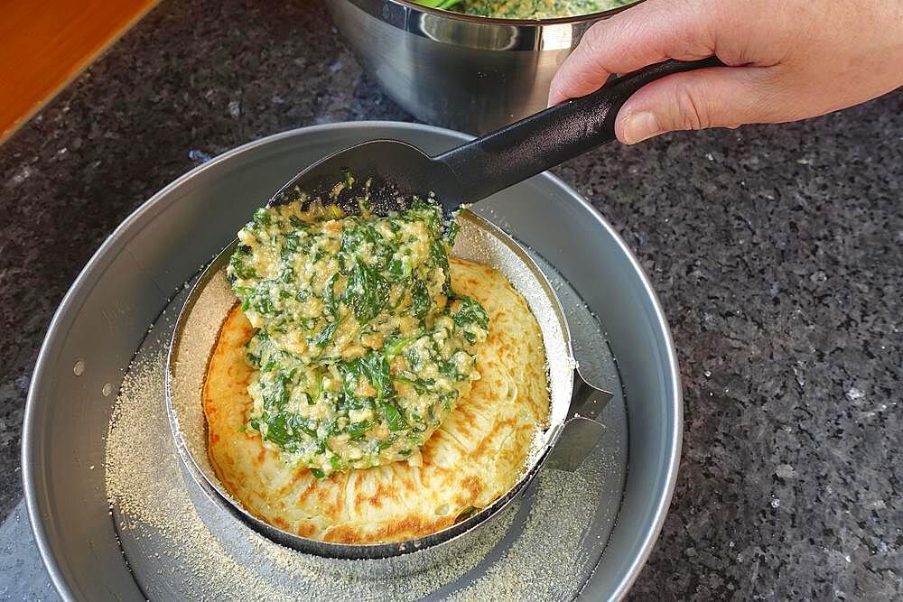 Swabian cuisine, pancake, pancake in the form layer with spinach mixture, springform, cake form, ladle, preparation spinach cake in the manner of the spoon, Swabian speciality, man's hand, Germany, Europe