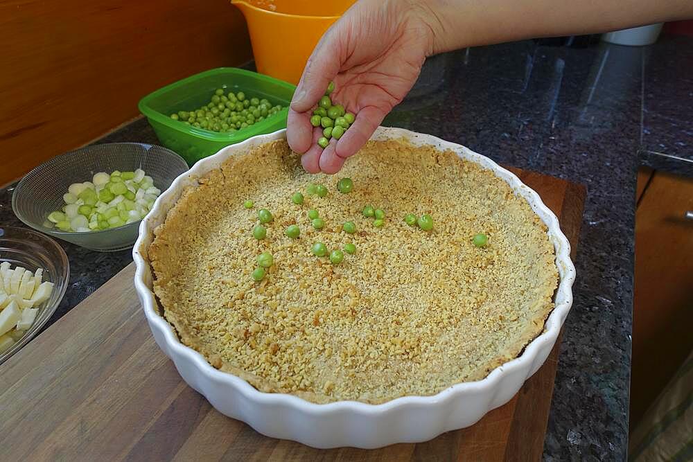 Southern German cuisine, baking, preparing hearty vegetable cake with walnut base, walnut dough in the baking tin, topping the dough with green peas, tart tin, quiche tin, man's hand, Germany, Europe