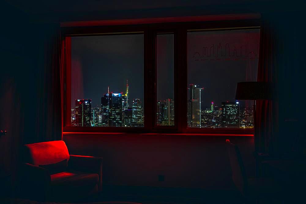 View from a skyscraper, window on the skyline of a city at night, long exposure, Frankfurt, Hesse, Germany, Europe
