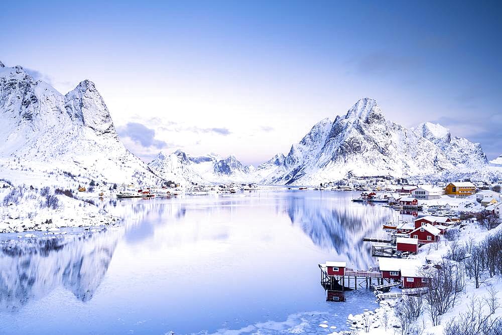 Fishing village of Reine in winter morning atmosphere, Reinefjord, Moskenesoya, Lofoten, Norway, Europe