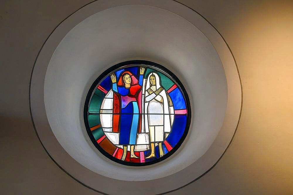 Modern church window with two figures, St. Martin, Gallus and Magnus parish church, Wangen im Allgaeu, Baden-Wuerttemberg, Germany, North America