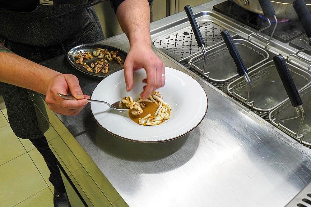 Chef plating pan cooked flambe atlantic squid with potato rich sauce cream reduction, radish, caramelized lemon and aromatic herbs, gourmet trendy modern contemporary recipe