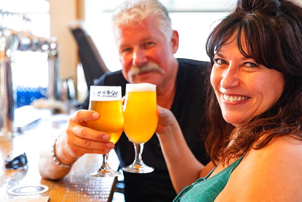 Attractive middle-aged couple toasting glasses of micro brew beer at bar