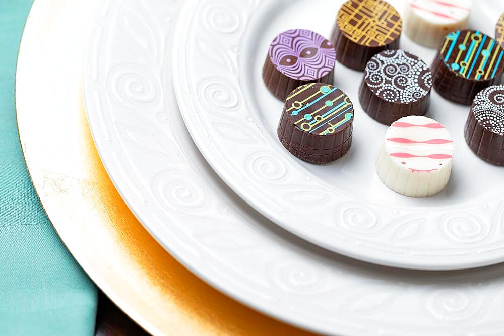 Artisan fine chocolate candy on serving dish