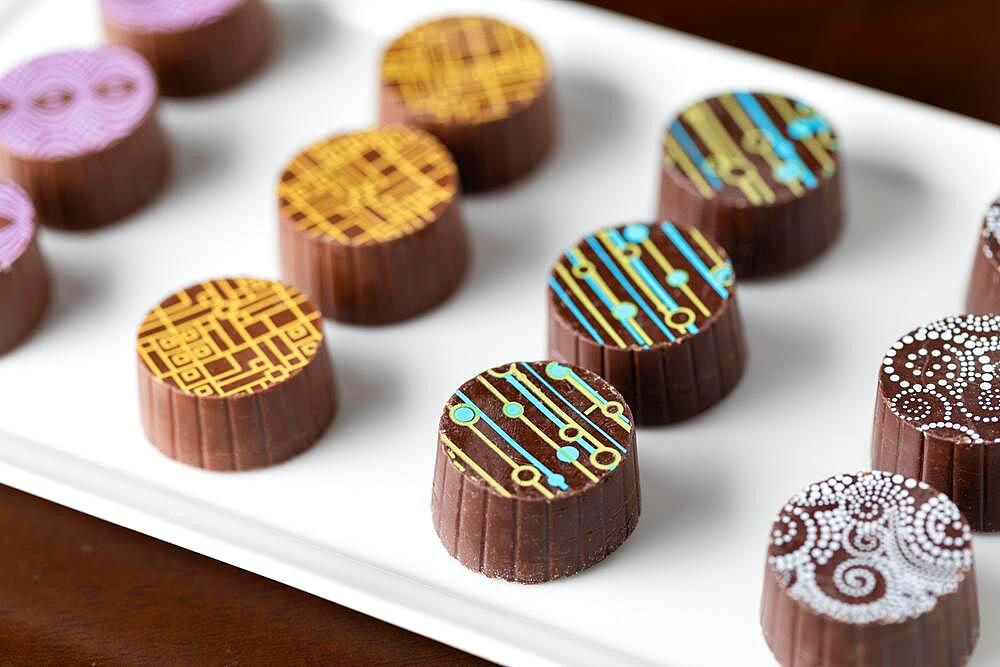 Artisan fine chocolate candy on serving dish