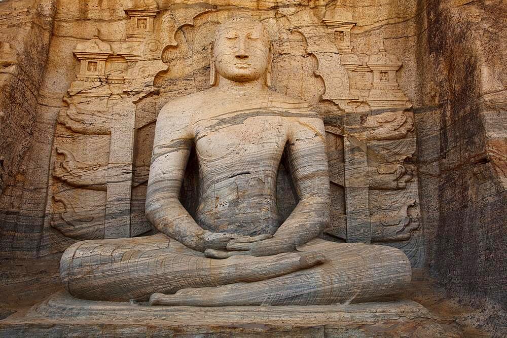 Ancient sitting Buddha image, Gal Vihara, Polonnaruwa, Sri Lanka, Asia