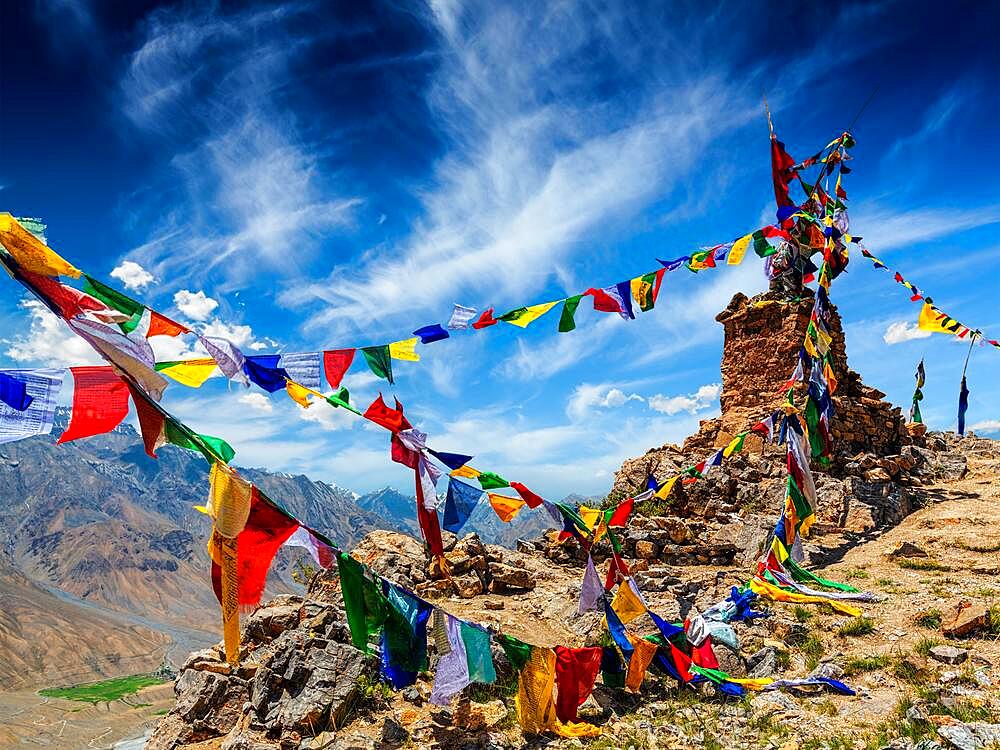 Buddhist prayer flags (lungta) in Spiti Valley, Himachal Pradesh, India, Asia