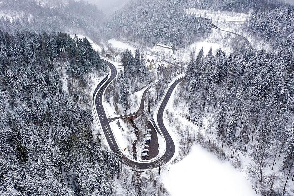 Drone photo, drone shot of All Saints Monastery with car park and ruins in winter, snow, serpentine, Oppenau, Black Forest, Baden-Wuerttemberg, Germany, Europe