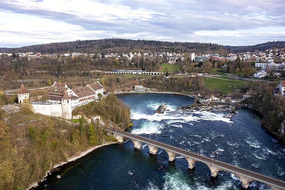 Drone shot, drone photo of Rhine waterfall, view of Laufen am Rheinfall castle with railway bridge, Neuhausen am Rheinfall, Canton Schaffhausen, Switzerland, Europe