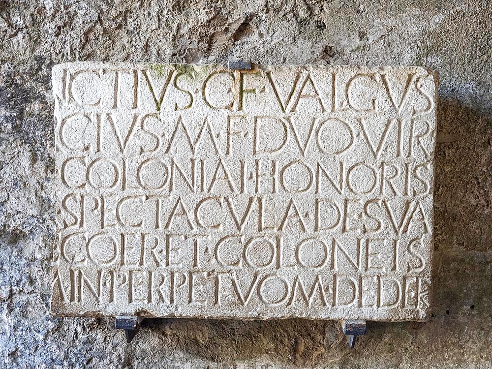 Roman inscription at the entrance to the amphitheatre, ancient city of Pompeii, Campania, Italy, Europe